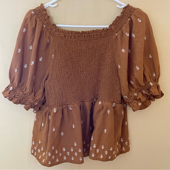 Old Navy Brown Smocked Puff Sleeve Top Sz-M - Picture 5 of 10